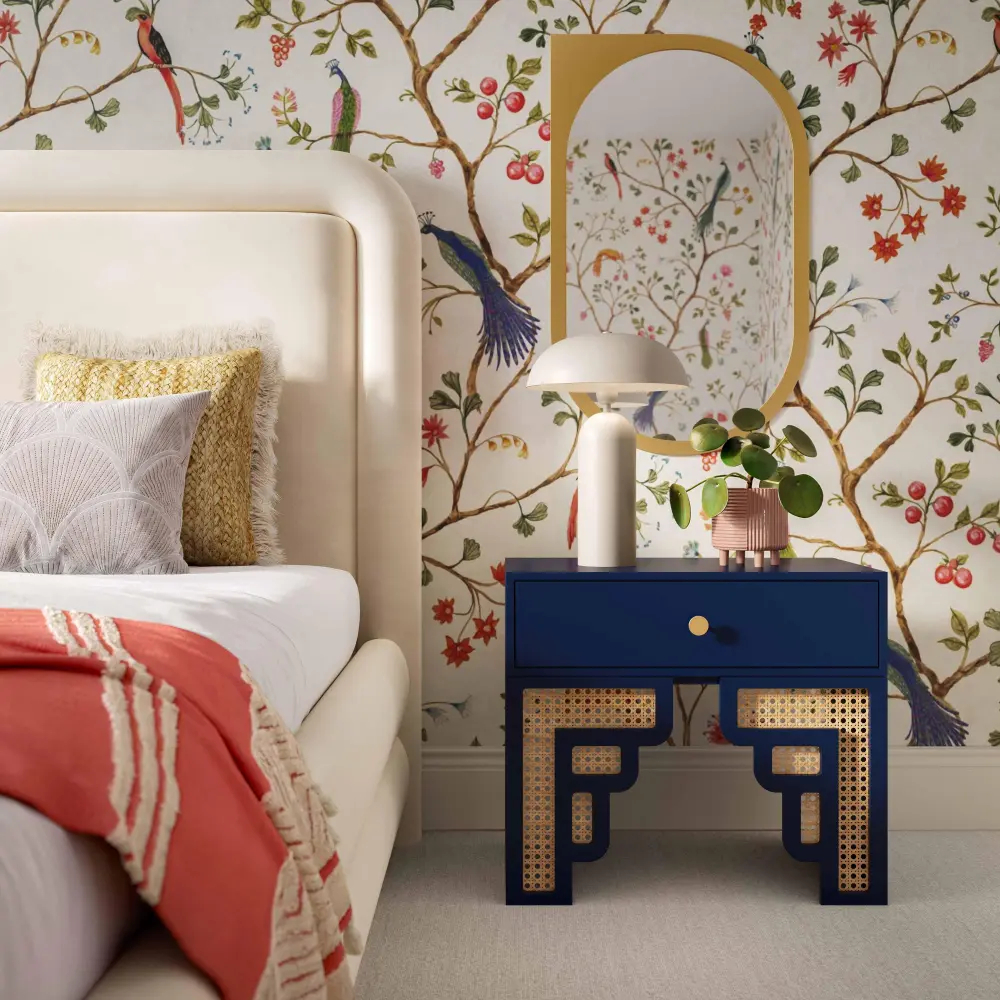Suzie Navy & Rattan Nightstand - UK