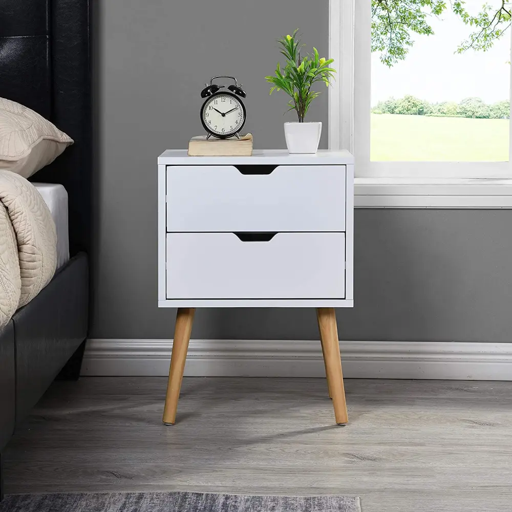 White Modern Wood Nightstand 2 Drawers