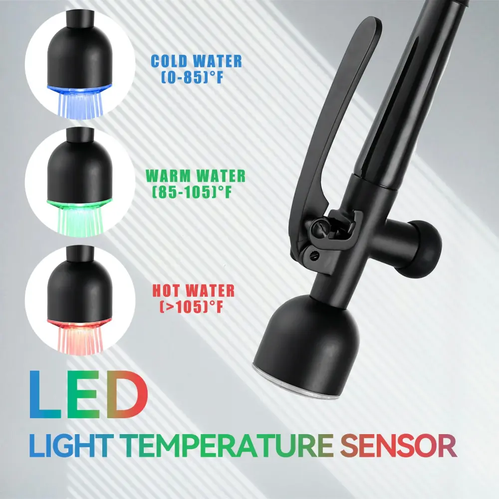 Kitchen Sink Faucet LED Pull Down Sprayer, Single Handle High Arc Faucet, Double Spouts, Deck Mount - Matte Black | Heat R...