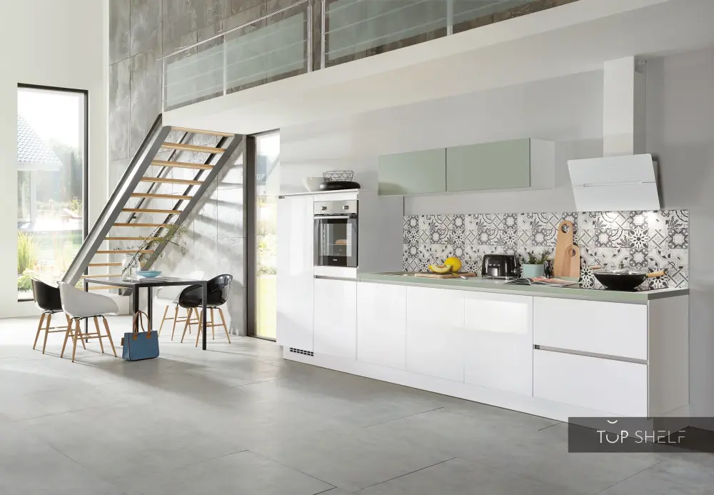 nobilia kitchen kitchen unit Focus 470 lacquer alpine ivory ultra high gloss Color Concept 038 reed handleless 400cm confi...