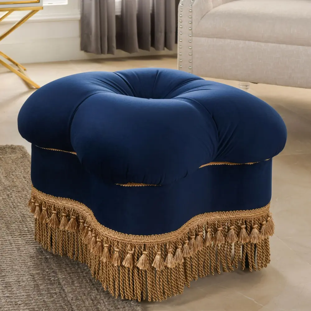 Ellen - Upholstered Clover Ottoman Gilded Bullion Fringe - Navy Blue