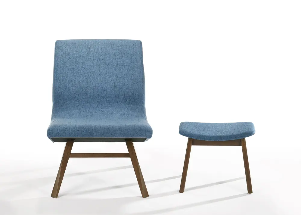 Modrest Whitney - Contemporary Blue & Walnut Accent Chair & Ottoman