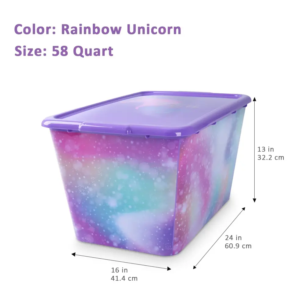 4 Packs 58 QT Plastic Storage Bins Rainbow Unicorn Print Lids, Stackable Storage Container, Oversized Storage Box Organizi...