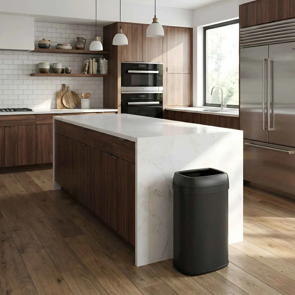 Stainless Steel 61 Liter / 16 Gallon Oval Open Top Flat Black Stainless Steel Kitchen Trash Can Dual AbsorbX Odor Filters
