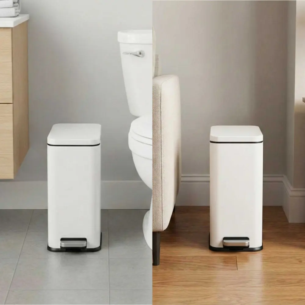 11.4 Liter / 3 Gallon SoftStep Chalk White Durable metal Steel Slim Step Pedal Bathroom Trash Can AbsorbX Odor Filter