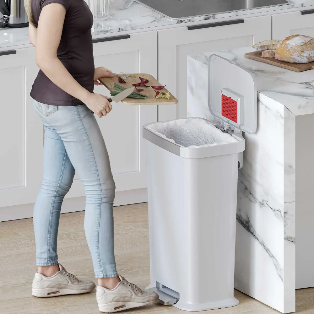 Heavy-Duty Commercial 50 Liter / 13.2 Gallon SoftStep Prime Step Kitchen Trash Can AbsorbX Odor Filter (White Acrylic