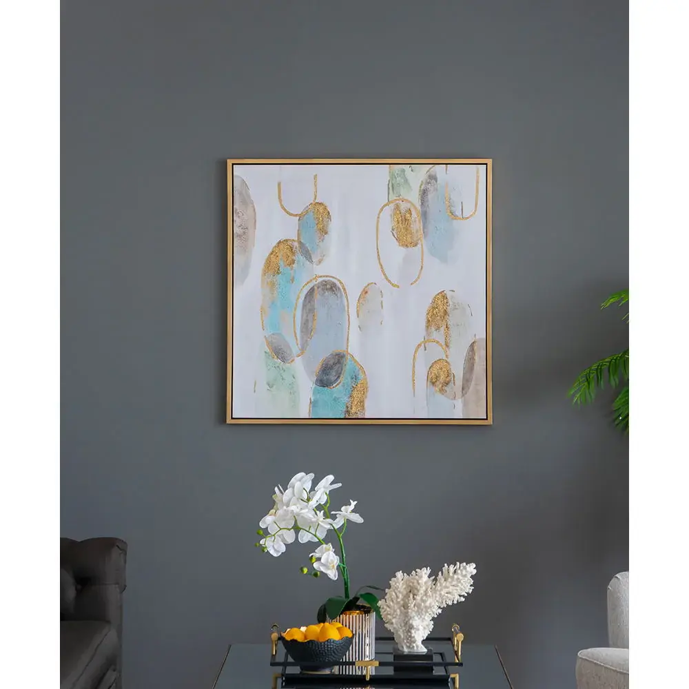 Modern Oil Painting, Square Framed Wall Art Living Room Dining Room - Multicolor