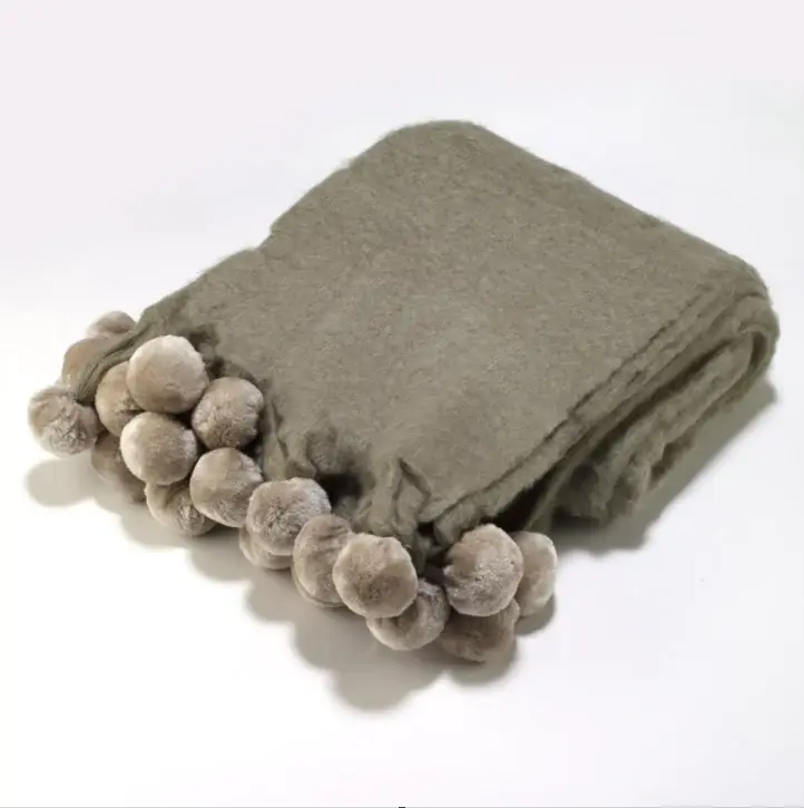 Bella Pom Pom Mohair Throw, Taupe Gold & Black