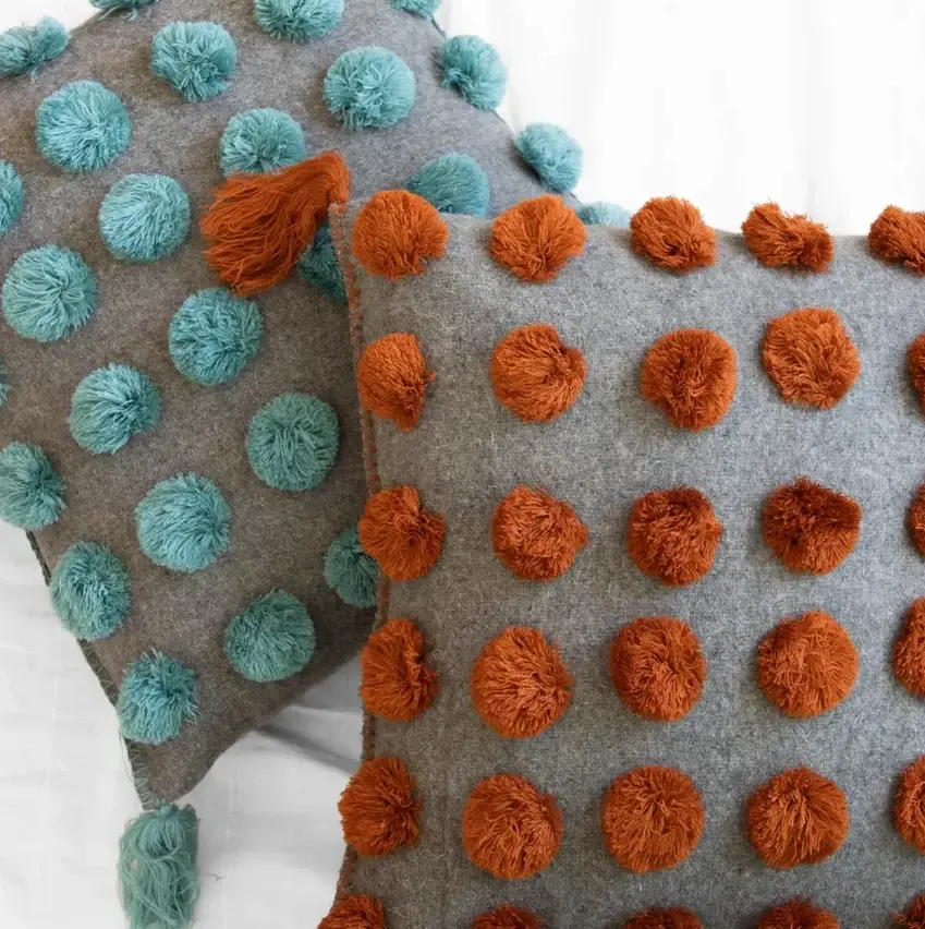 Foil Fringe Ula Pom Pom Pillow - Terracotta/Grey