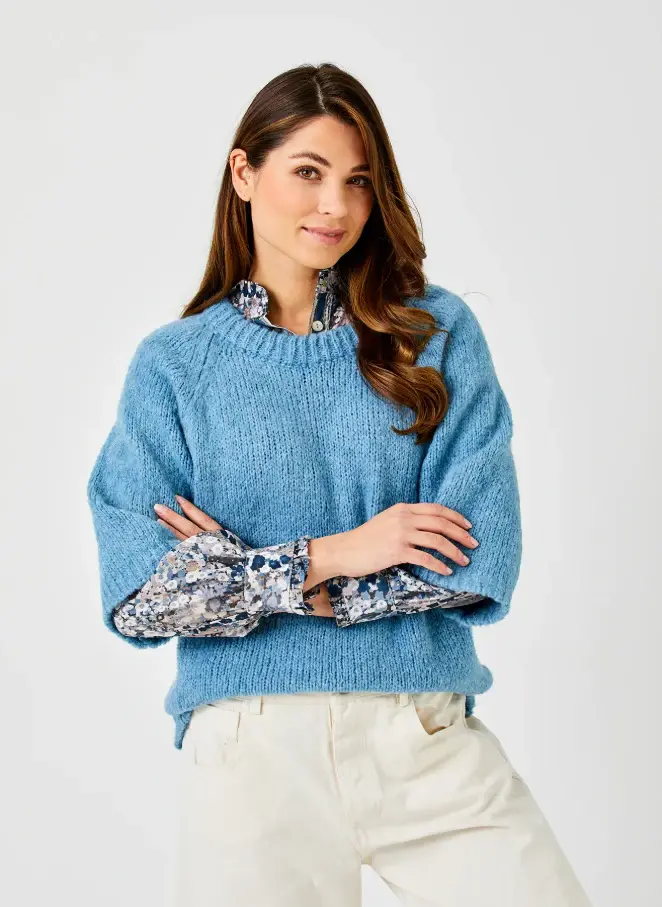 Fawn Kimono Sleeve Soft Knit Sweater, Duck Egg Indigo