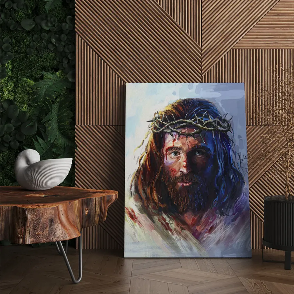 Jesus Christ Painting Crown Thorns Portrait Cotton Pinewood Wood 30x40cm