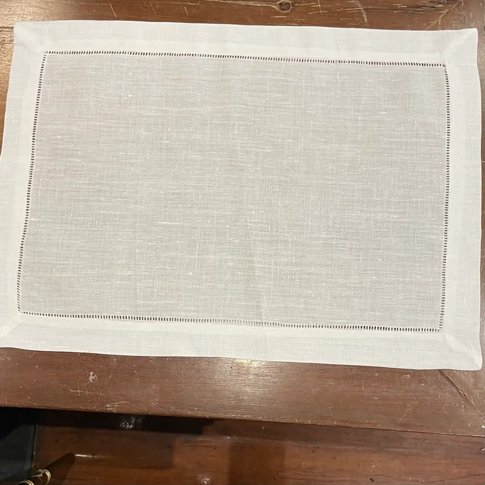 MONOGRAM LINEN HEMSTITCH WHITE PLACEMATS SET 6