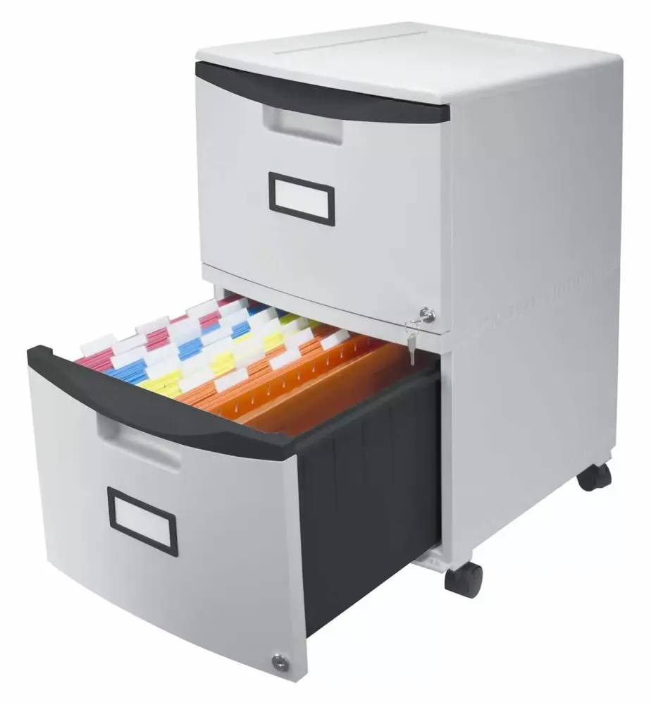 Plastic Two-Drawer File Cabinet Locking Document Organizer Casters Gray