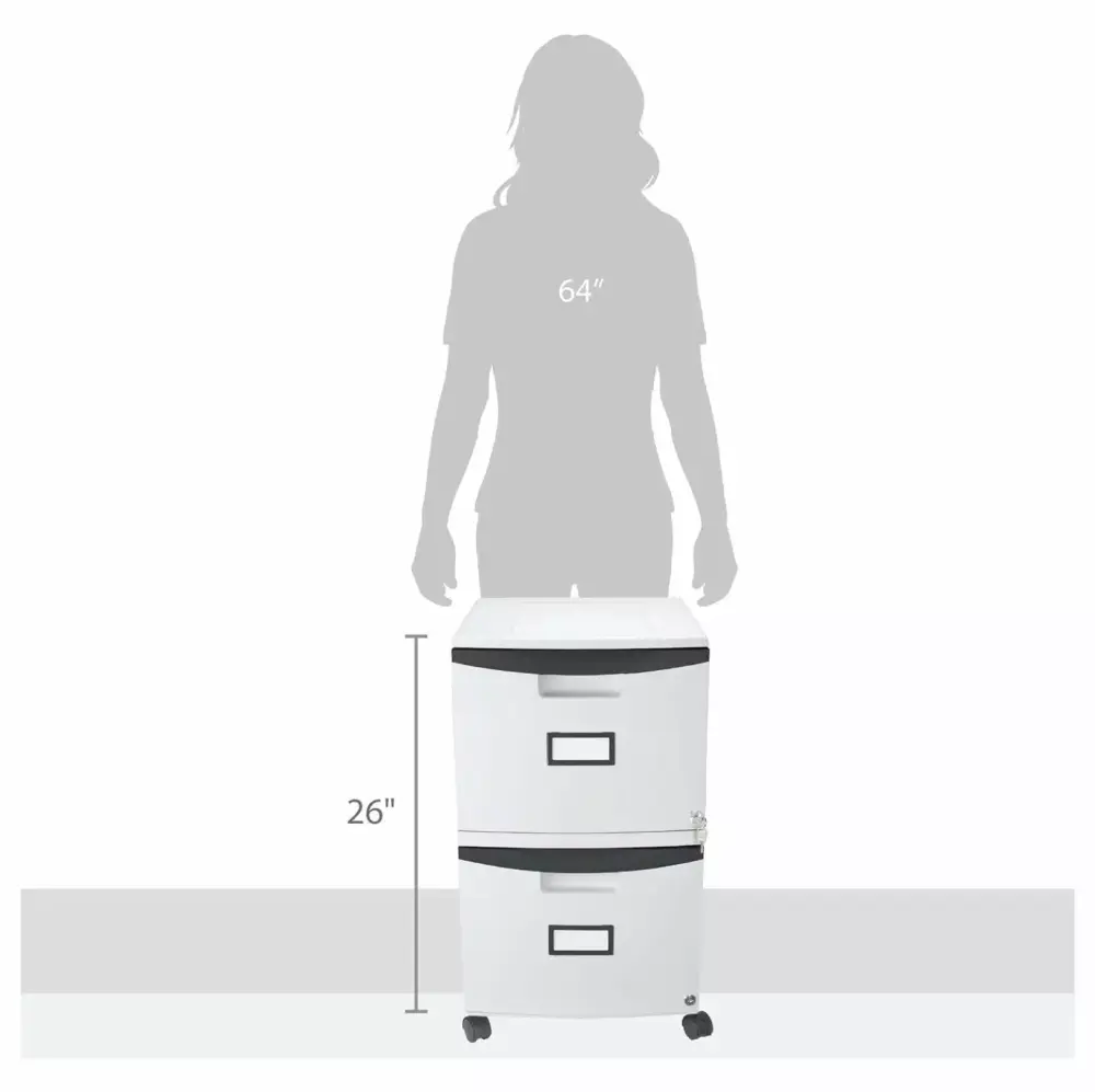 Plastic Two-Drawer File Cabinet Locking Document Organizer Casters Gray