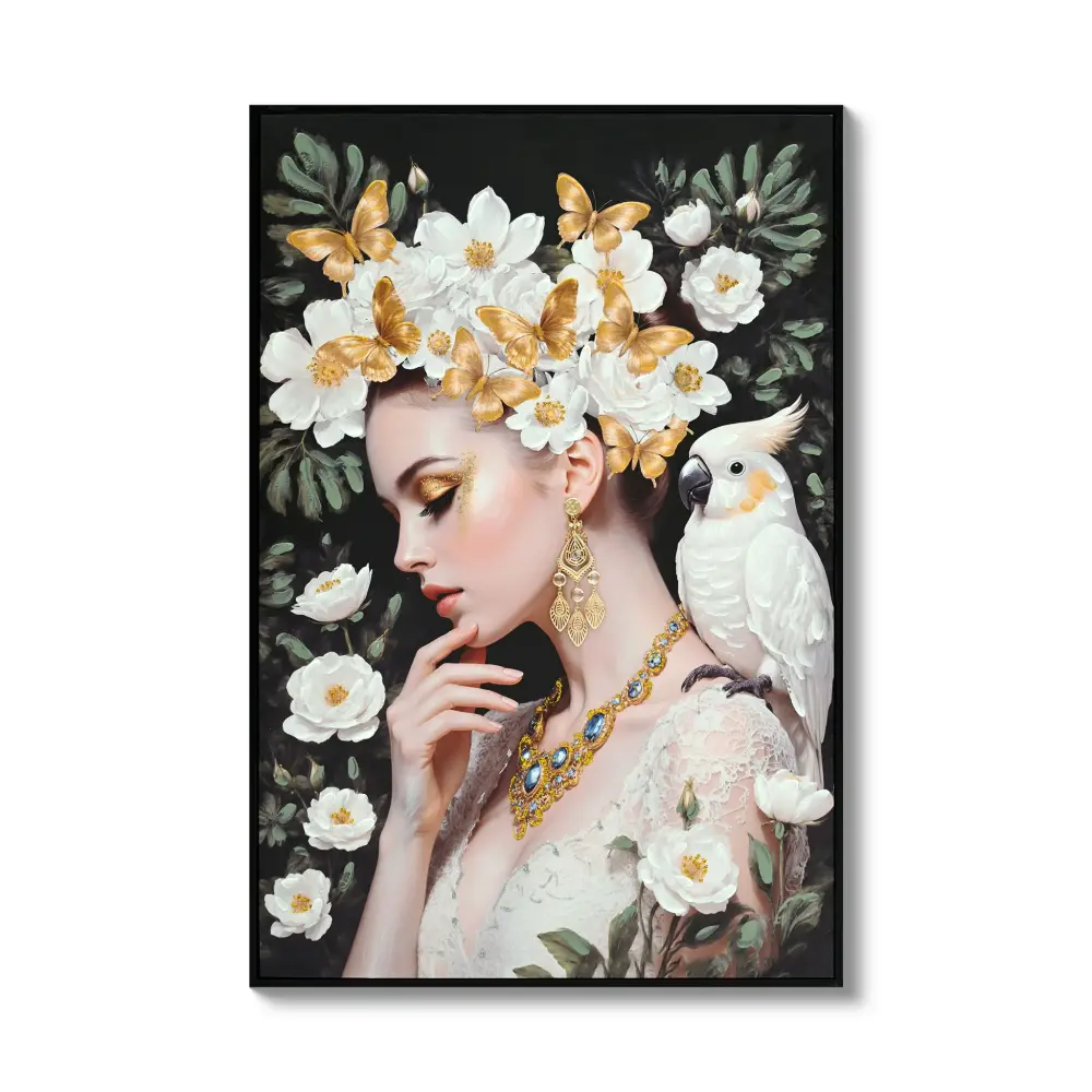 Framed & Ready to Hang Beauty Posters Beauty Lady Wall Art And Floral Canvas Artwork Living Room - Ivory / Golden