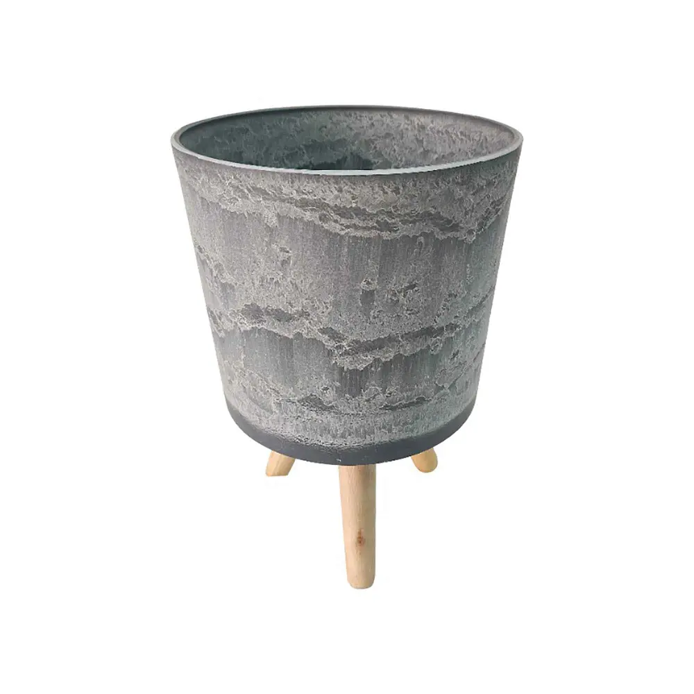 Round Dark Grey Pot on Hardwood Legs, 16'' x 10''