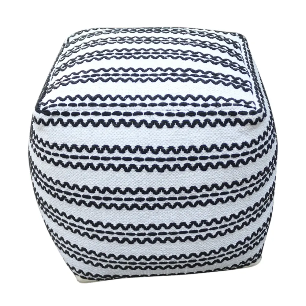 Lani - Handmade Fabric Pouf, Durable Cotton Square - Natural / Black | Rustic Finish