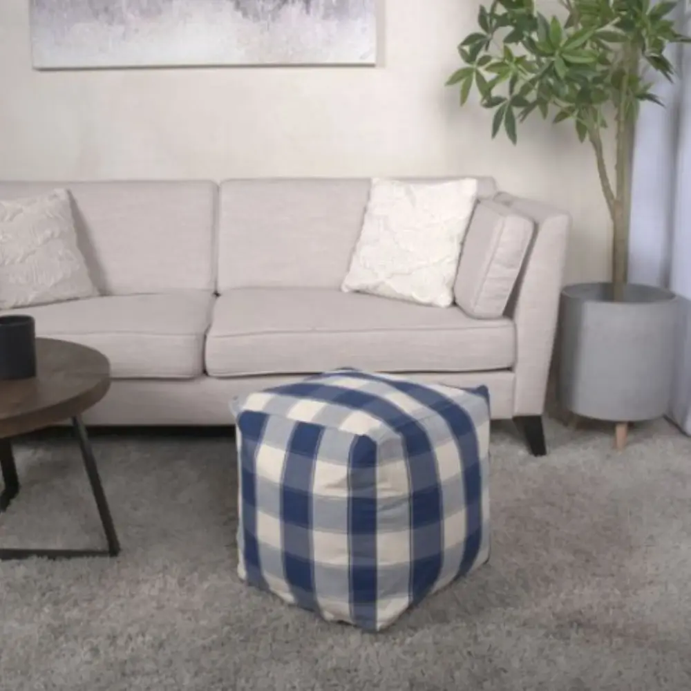 Mid-Century Modern Connor - Checkered Square Pouf Ottoman And Floor Cushion - Ivory / Sapphire