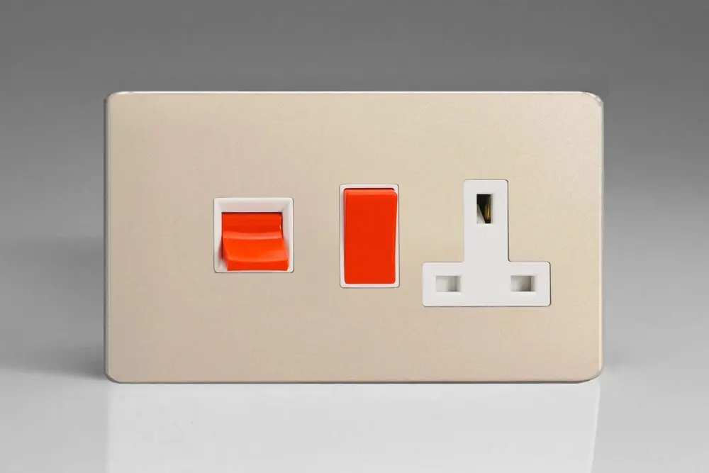 Varilight 45A Cooker Panel 13A Twin Pole Switched Plug Socket Outlet (Red Rocker) Satin Chrome XDN45PWS