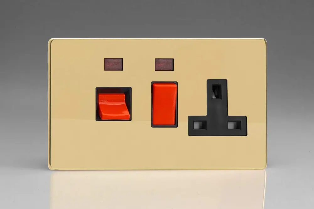 Varilight Flat Plate Screwless Polished Brass 45A Cooker Switch & 13A Plug Socket Neon Ebony Insert XDV45PNBS