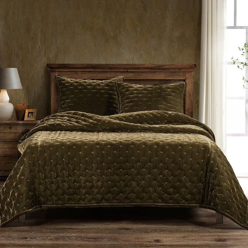 Stella Faux Silk Velvety Pintuck 3PC Quilt Set, Green Ochre