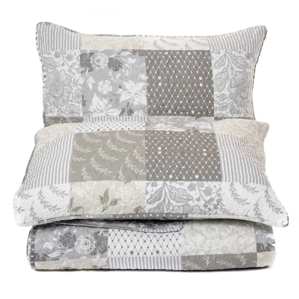 Vanilla Gray Decorated Quilt Set, Double-Queen Coordinating Pillows