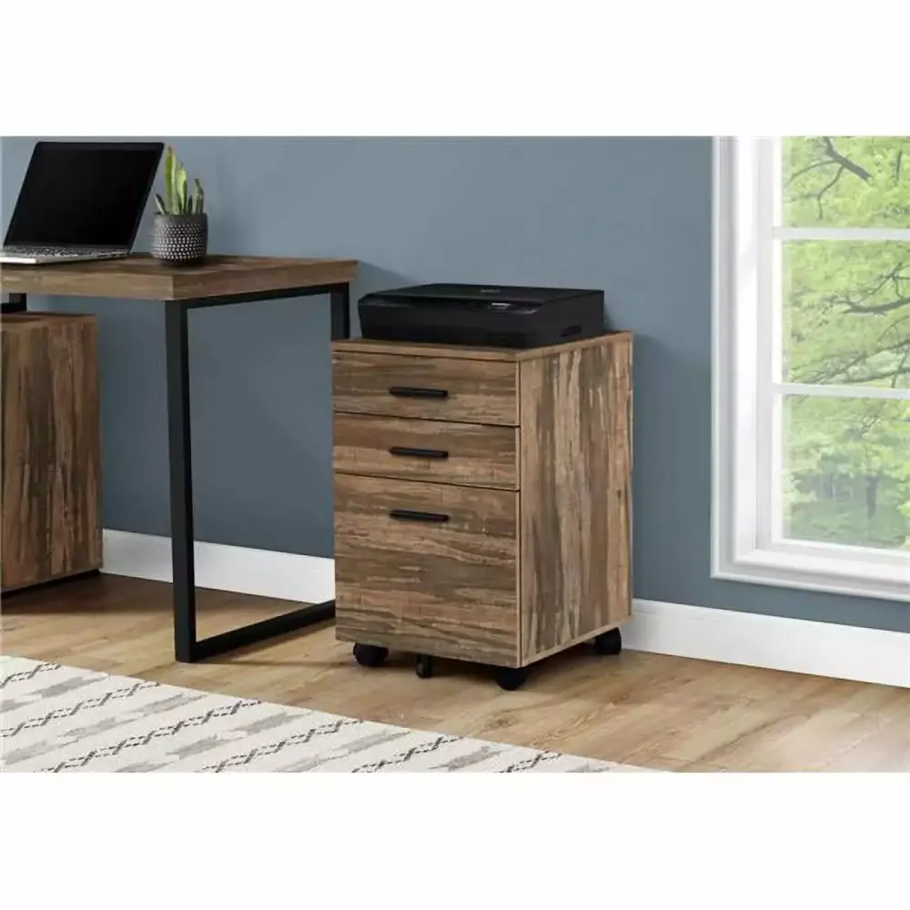 24 Inch 3 Drawer Brown Reclaimed Wood Filing Cabinet on Casters Mobile Storage Daphne's Dinnette