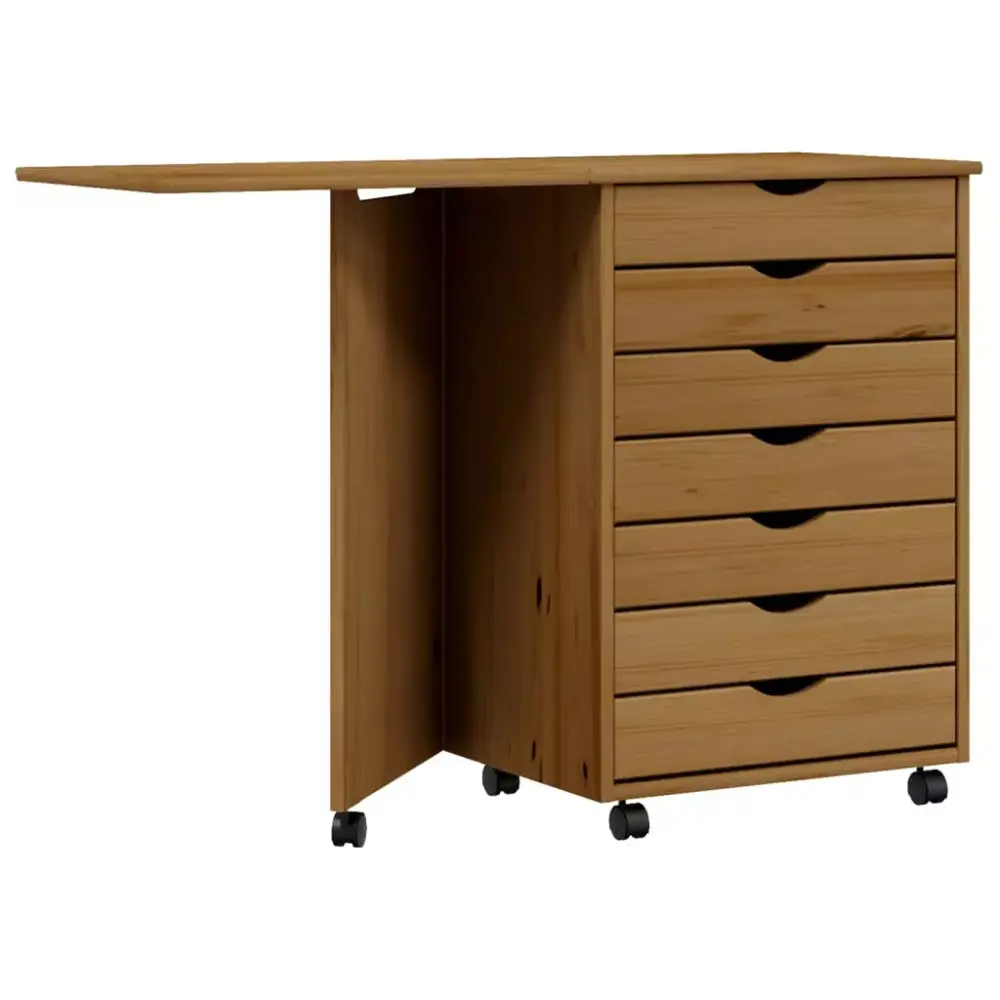 Rolling Cabinet Desk MOSS Honey Brown Solid Wood Pine Spacious Storage Versatile Organization Home Office Study Room Zinnor