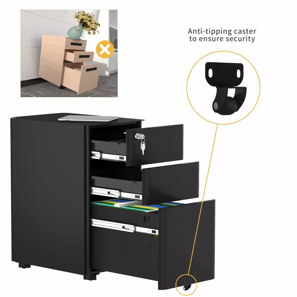 Dextrus 3-Drawer Metal Filing Cabinet Rolling Legal/Letter/A4 Size Black