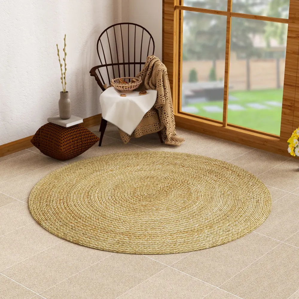4modernhome Jute Hand Braided Zigzag Stitch Untreated Fibers Farmhouse Style Area Rug Dining Room Living Room Kitchen, Off...