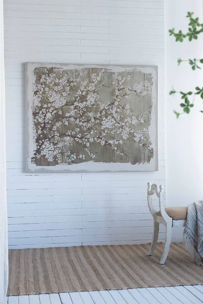 Large Cherry Blossom Canvas Art Print, Home Decor Accent Piece - Gray / White Satin