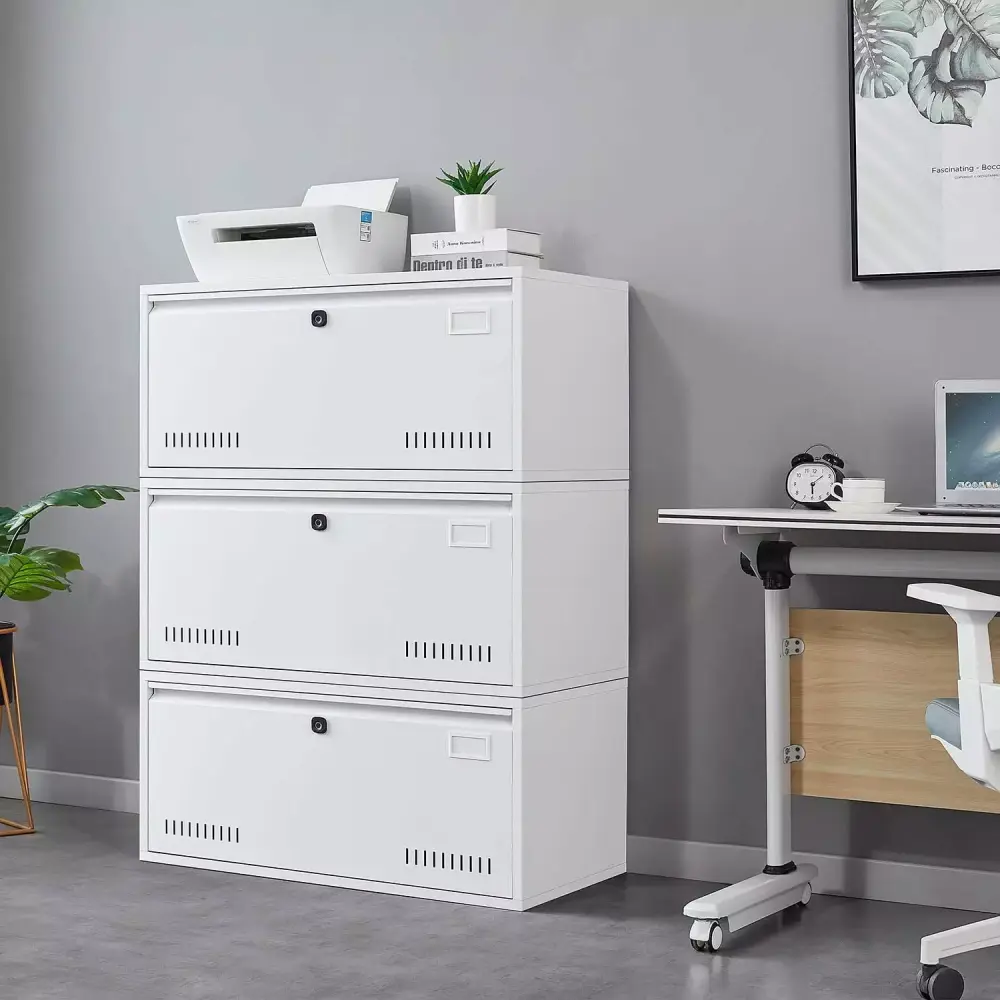 Digital Keypad Lateral Filing Cabinets 3-Piece White Secure Office Storage Lukee