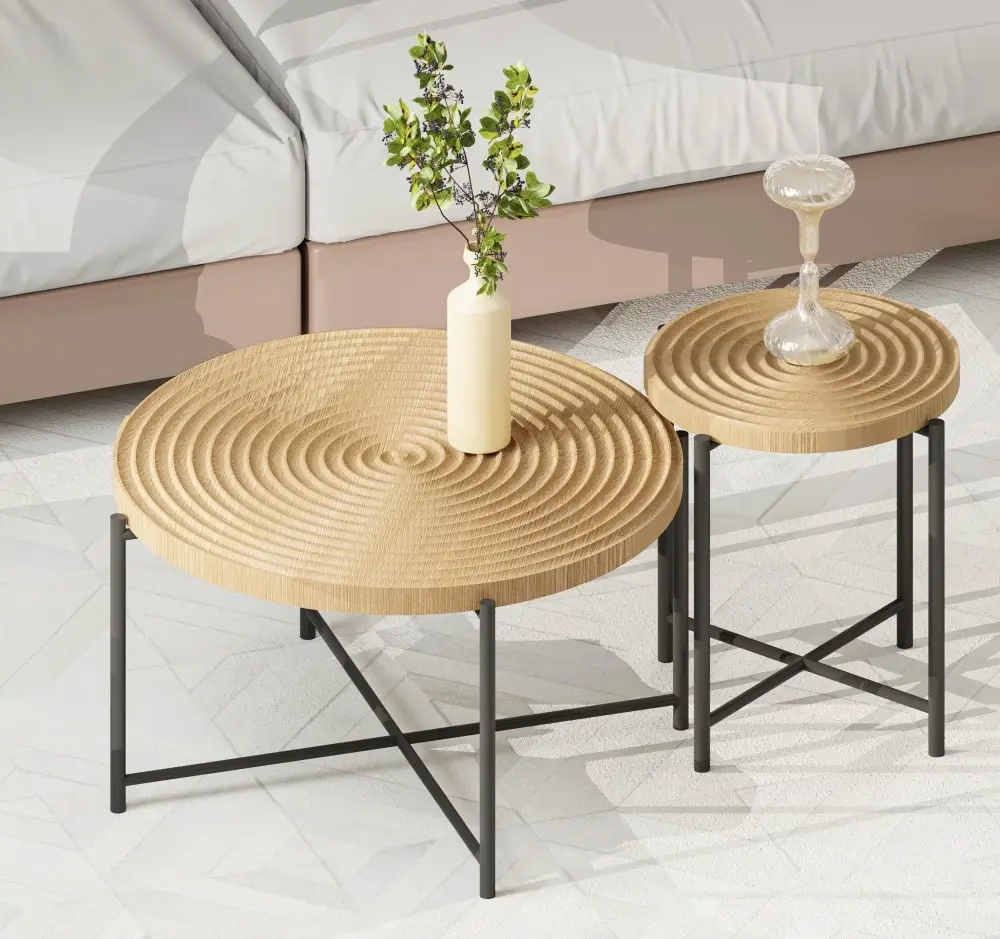 Coffee And End Table Set Sealed Cover, Distressed Cylindrical Design, Legs Classic Rustic Charm (Set 2)