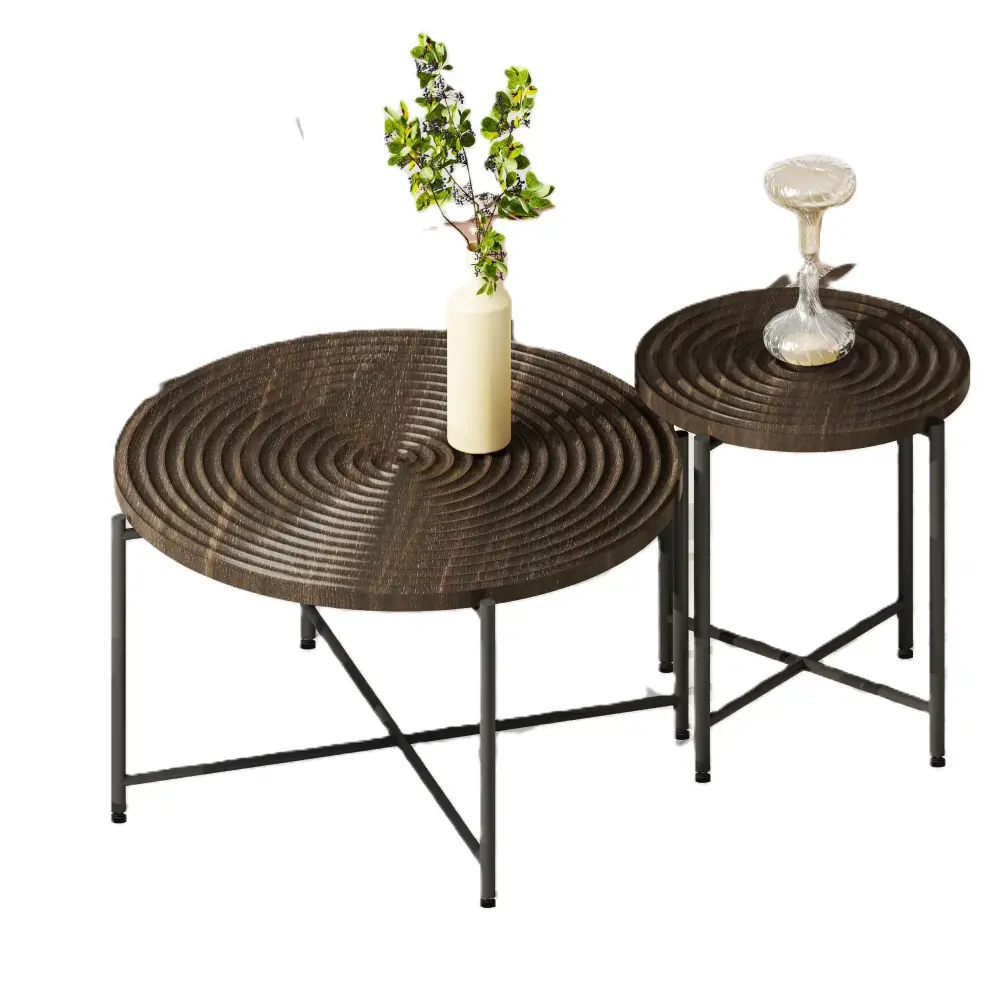 Coffee And End Table Set Sealed Cover, Distressed Cylindrical Design, Legs Classic Rustic Charm (Set 2)