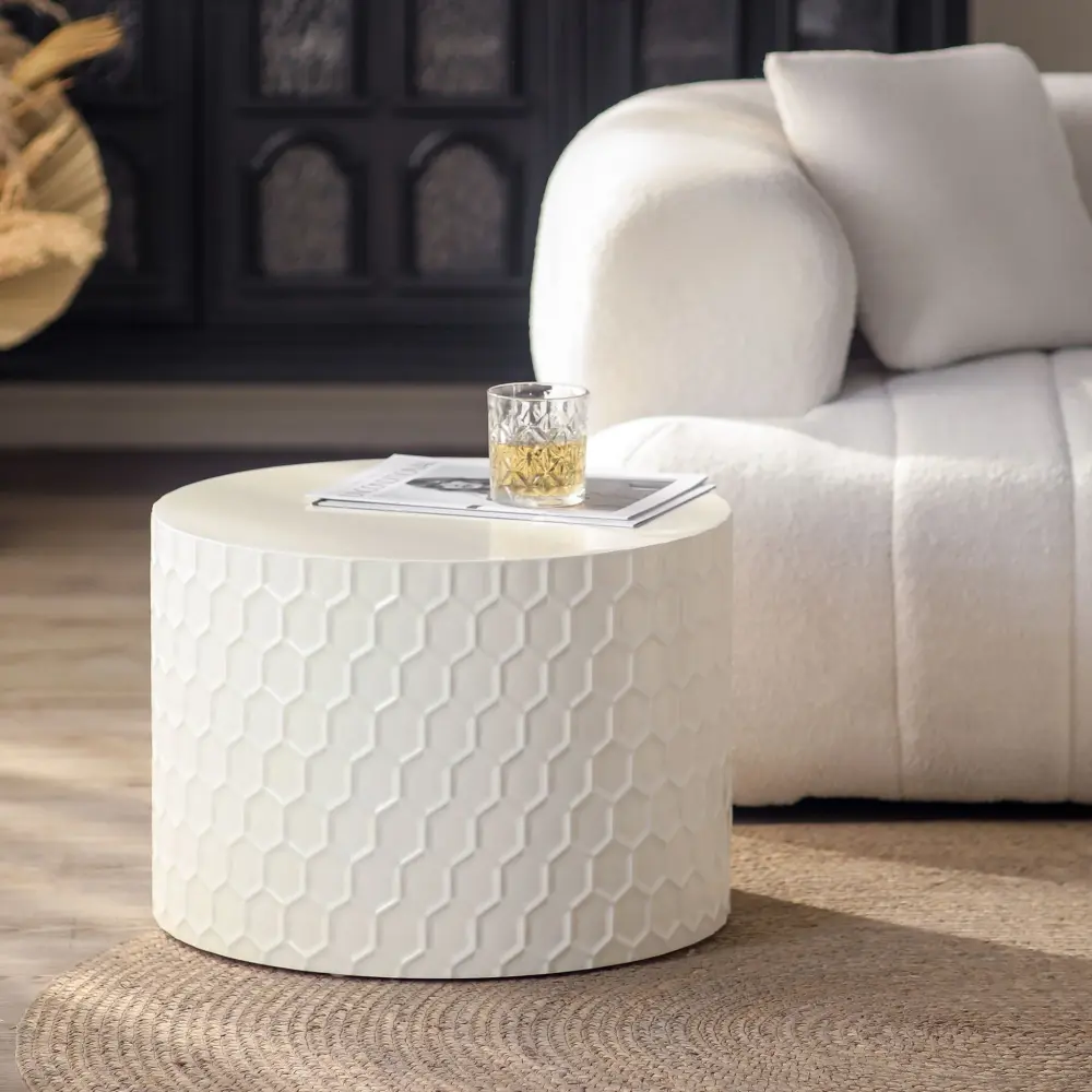 Minimalist Honeycomb Nesting Coffee Table Place, Round Drum Circle Table (Set 2) - Beige
