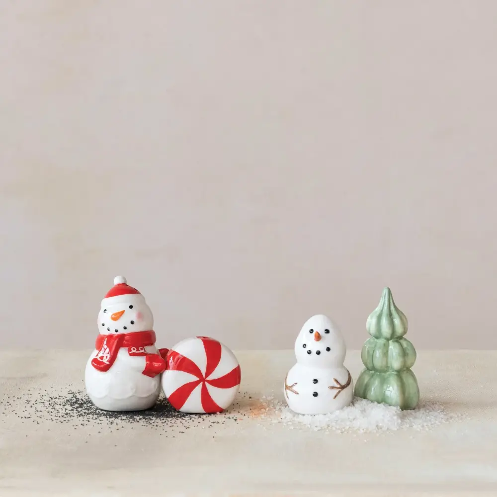 Stoneware Snowman & Tree Salt & Pepper Shakers, Adjust 2