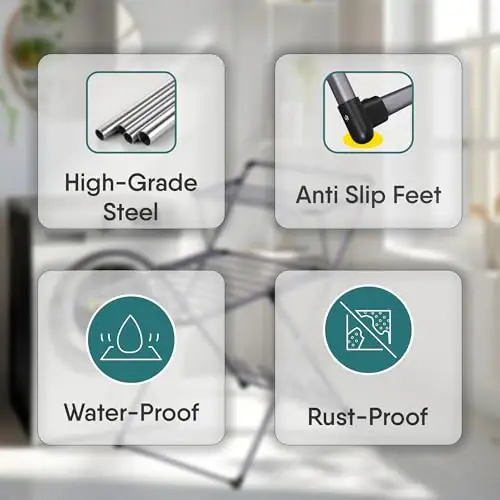 Clothes Drying Rack Shoe Dryer | No Assembly | Metal Construction, Non-Slip Feet | 2 Level Hooks | Hidden Wheels | Foldabl...