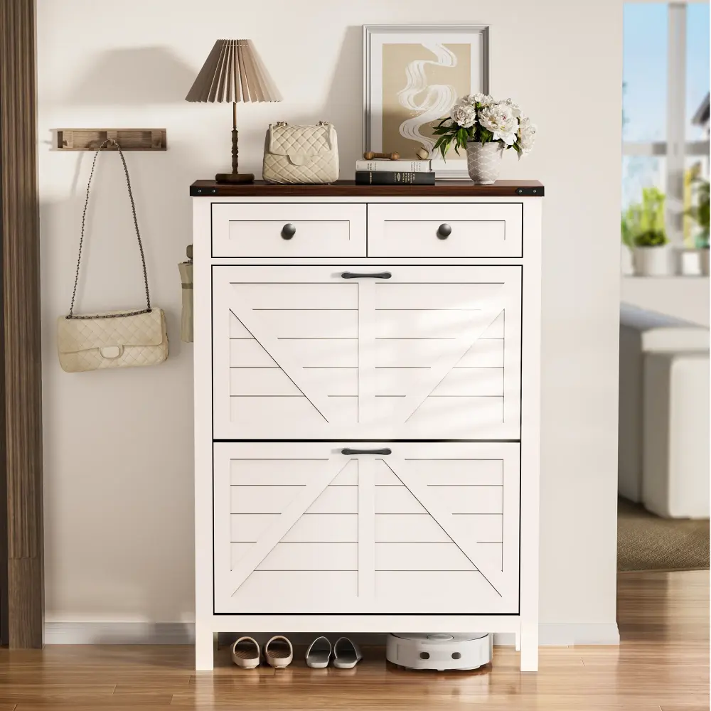 Compact Shoe Storage Cabinet 2 Flip Drawers and 2 Drawers Keys & Wallets - Ideal Tight Spaces, EN001