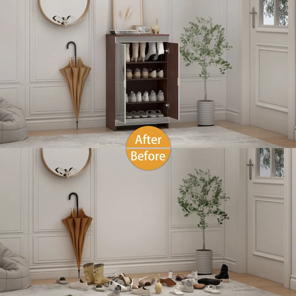 Elegant Decor Mirrored Shoe Cabinet Edging Double Door Storage Cabinets Glass - Taupe / Silver / Gray