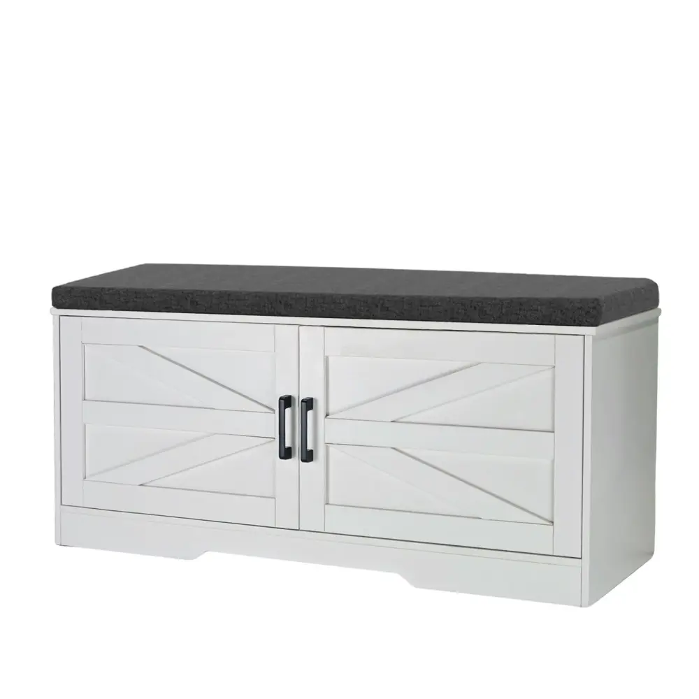 2 Tier Shoe Bench Padded Seat, 2 Barn Doors And Tunable Shelves, Entryway And Living Room - White