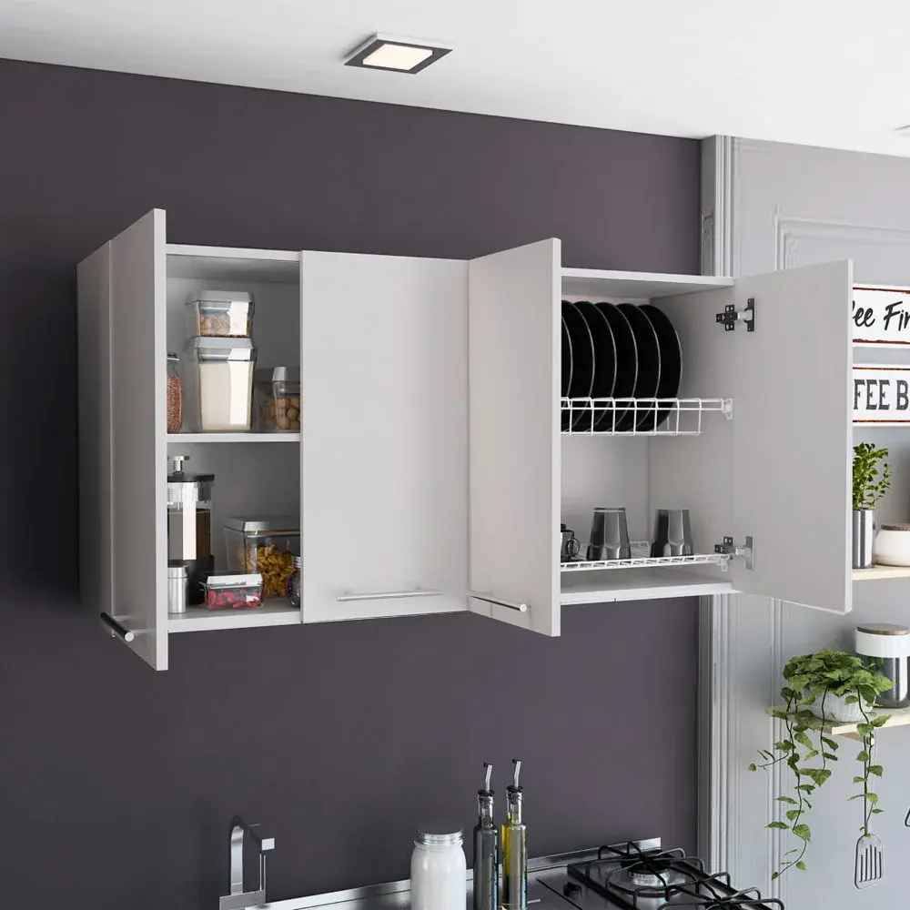 Wall Cabinet Four Doors, Two Internal Shelves And Internal Plate And Glass Organizer - Pearl