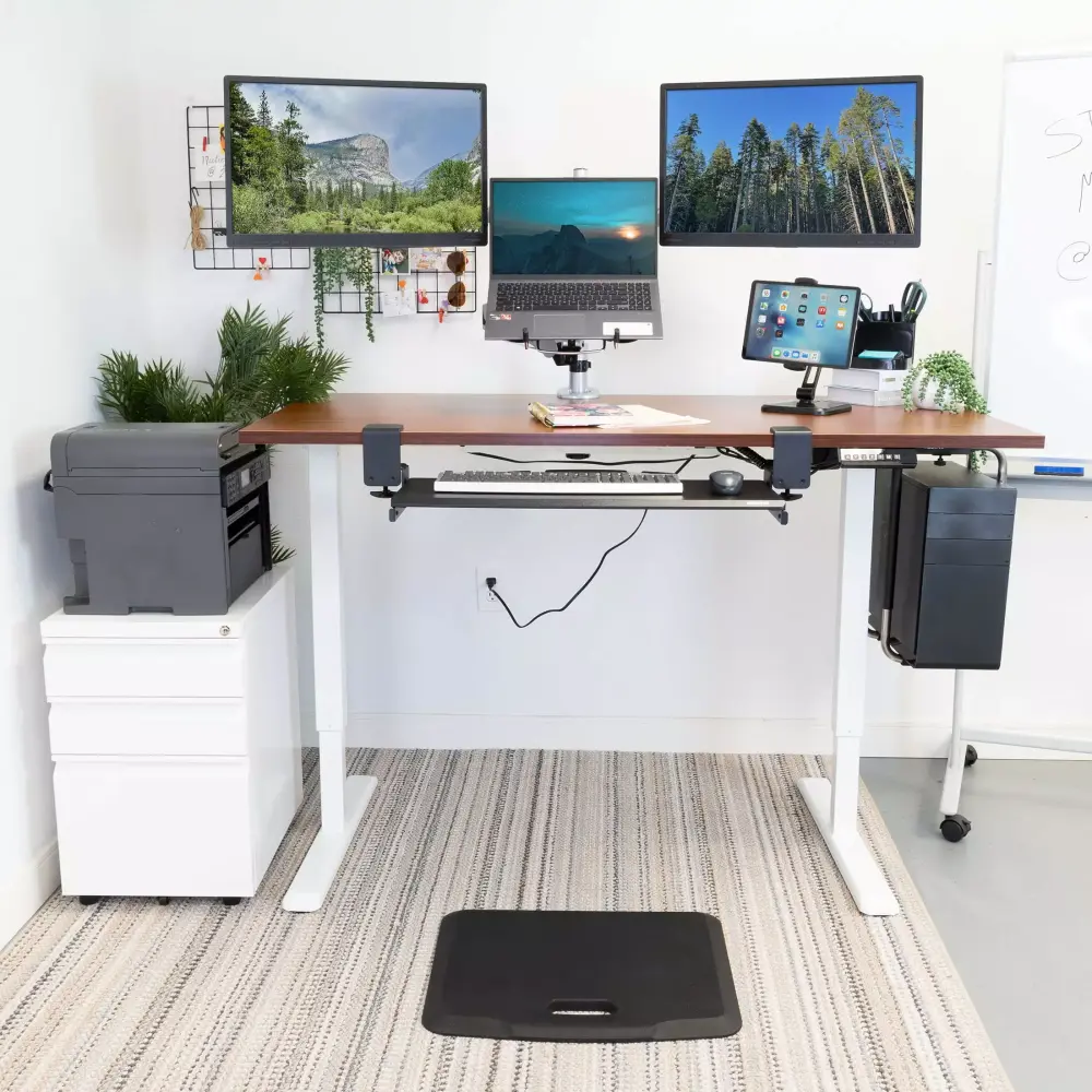 Mount-It Electric Sit-Stand White Desk Frame Extra-Wide Brown Tabletop Mount-It!