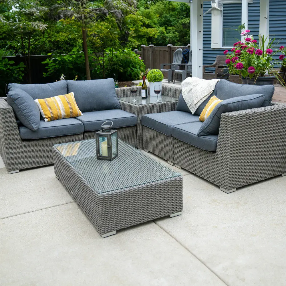 6pc Melbourne Deep Seating Fire Table Sofa Adjust - Outdoor Wicker Sectional