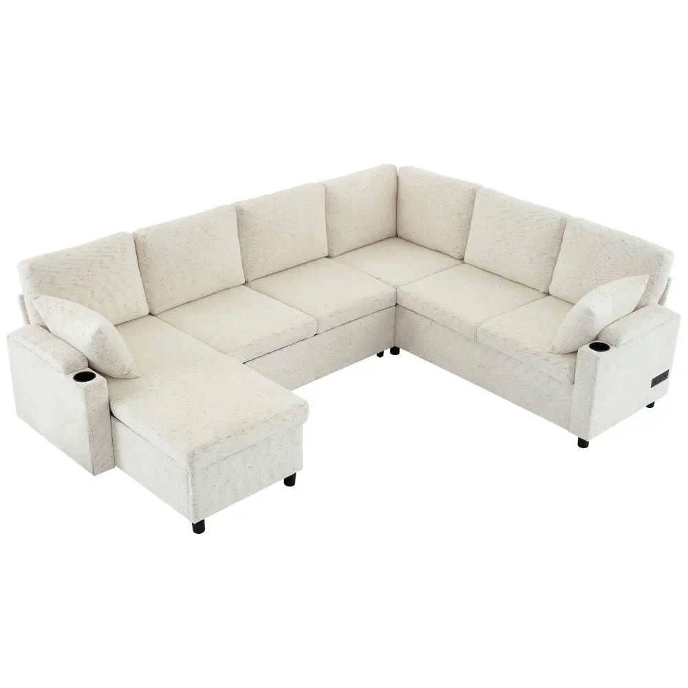 Glass Table Top U-Shaped Sectional Sleeper Sofa Ample Storage Space, 2 Cup Holders And Charging Ports Living Room