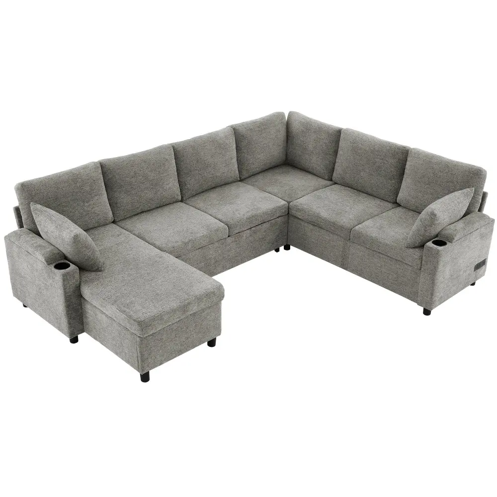 Glass Table Top U-Shaped Sectional Sleeper Sofa Ample Storage Space, 2 Cup Holders And Charging Ports Living Room