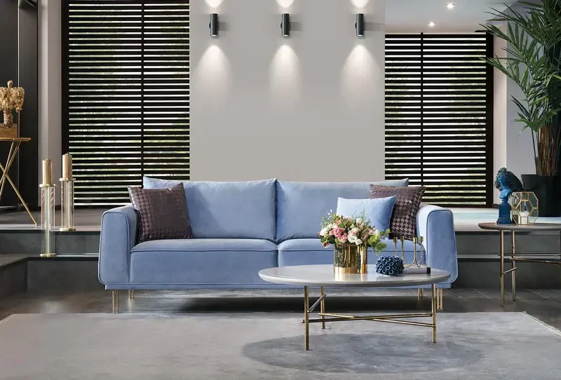Merida Blue/Gold 3-Seater Sofa | Heavy Duty | Easy Install