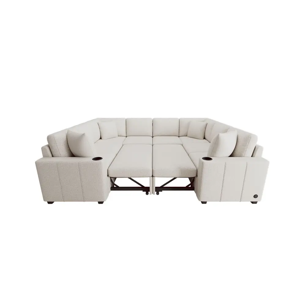 Modern U-Shaped Sectional Sofa Multi-use Pull-Out Sofa Bed USB Ports And Cup Holders