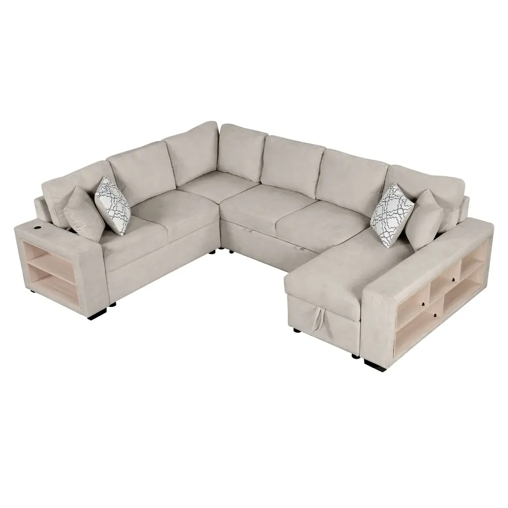 U-Shaped Sectional Sofa Pull-Out Sofa Bed Two USB Ports, Storage Chaise Lounge And Four Back Pillows Living Room Screws In...