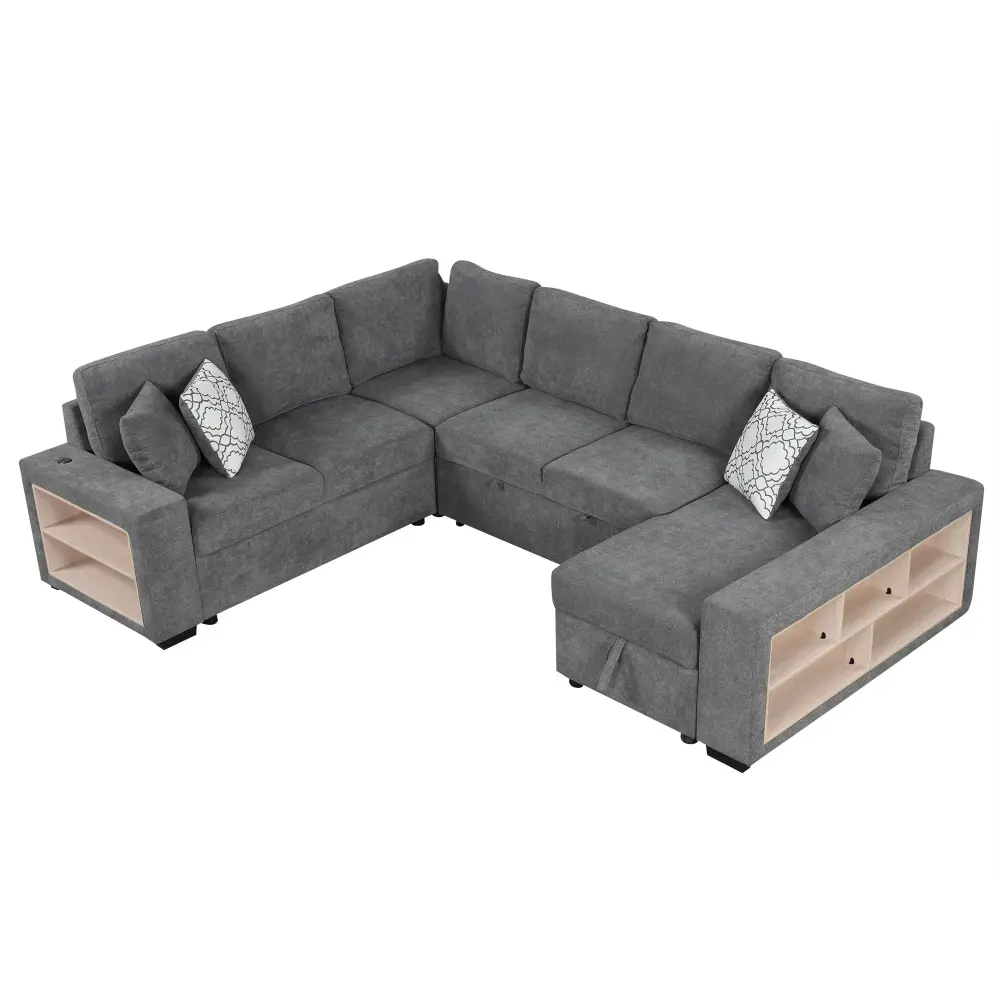 U-Shaped Sectional Sofa Pull-Out Sofa Bed Two USB Ports, Storage Chaise Lounge And Four Back Pillows Living Room Screws In...