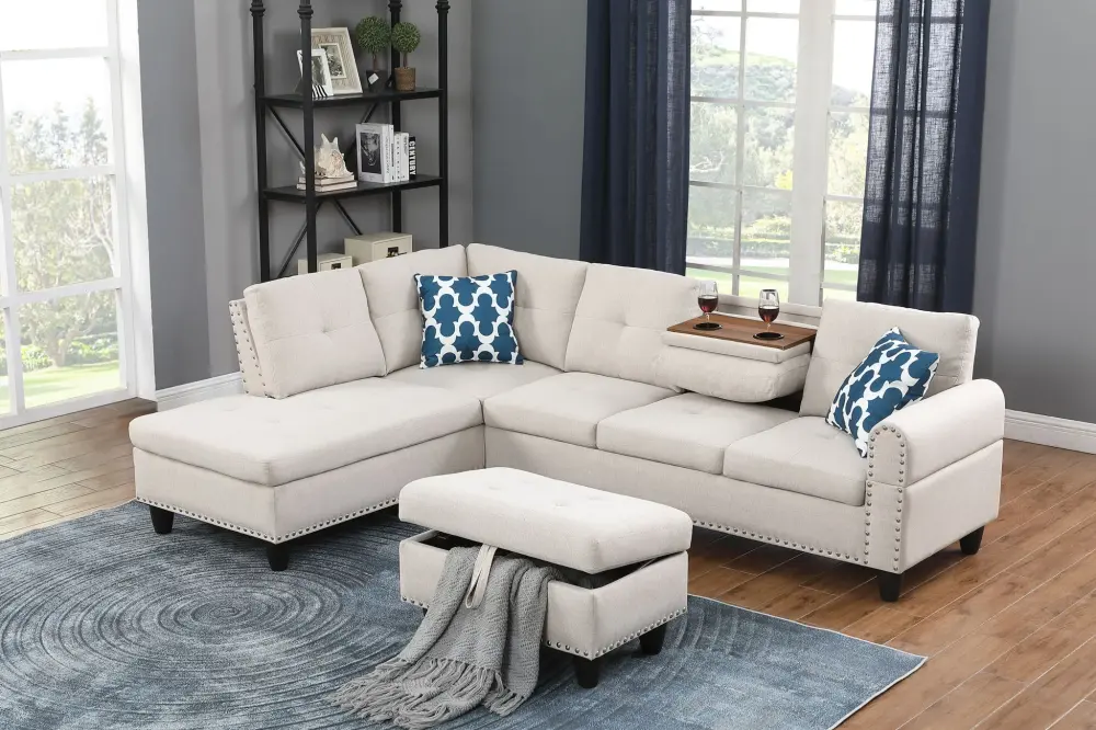 Alger - Wide Left Hand Facing Sofa & Chaise Ottoman - Ecru
